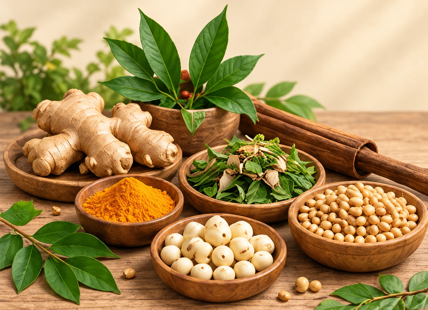 Gừng, nghệ, hạt sen, đậu nành và lá thảo mộc trên bàn gỗ trong căn bếp ấm áp